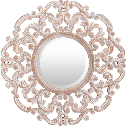 Urvashi Round Beveled White Washed Frame Mirror Tan. URV001-2424
