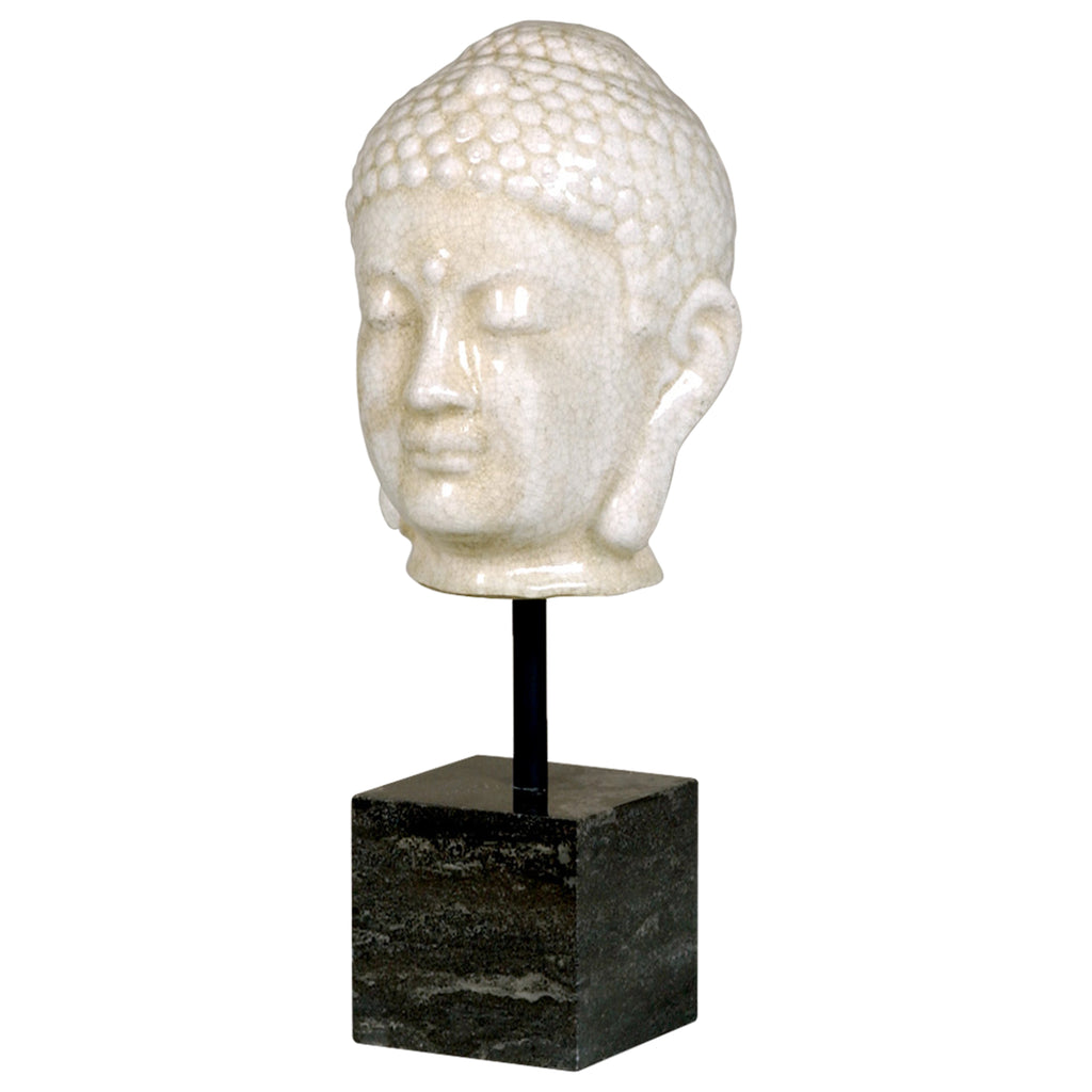 Buddha Head White Crckl W/Post On Marble 1041CR/M