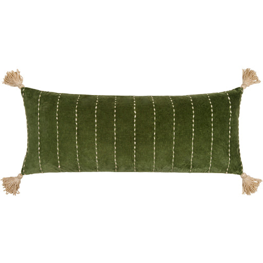 Velvet Kantha Lumbar Pillow Medium Green. VKH002-1336
